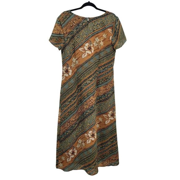 Vintage 90's Maxi Dress 12 Green Tan Modest Short Sleeve Shift Southwestern - Picture 9 of 14